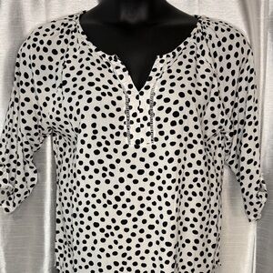 Grand & Greene Blouse Polka Dot 3/4 Sleeve Rayon Round Split Neck Med Dalmatian